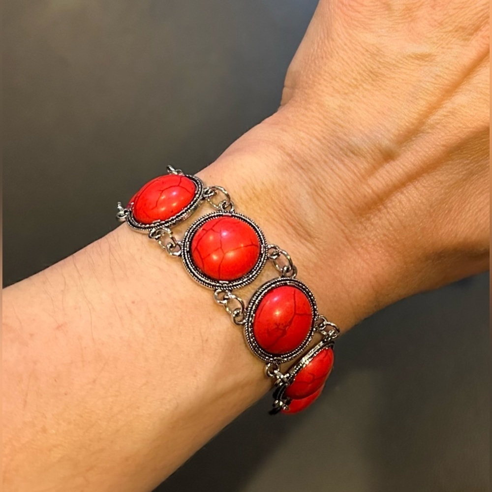 Boutique Silver Filigree Bracelet W Red Marble Stones Adjustable Chain